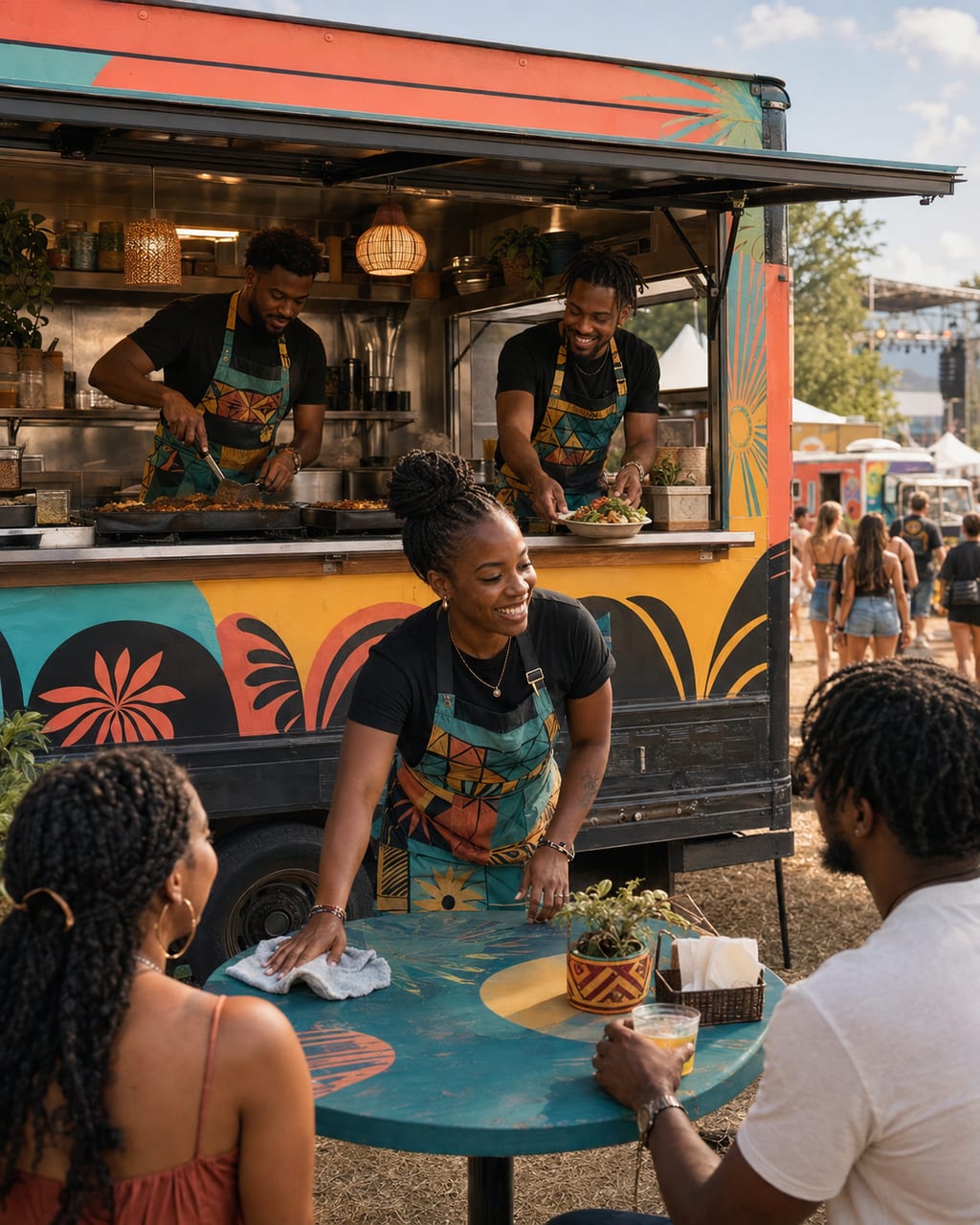 Three siblings running their Caribbean food truck at a busy music festival