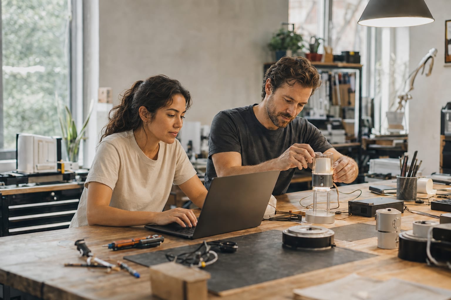 Two startup founders testing a light-and-sensor prototype in their studio