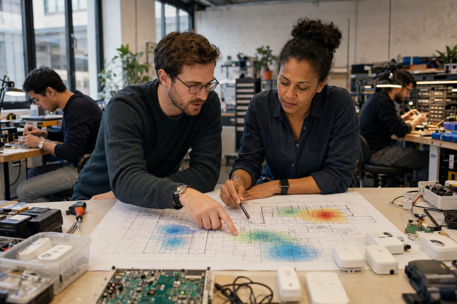 An IoT founder and his colleague review hospital floor plans while their team tests tracking beacons behind them