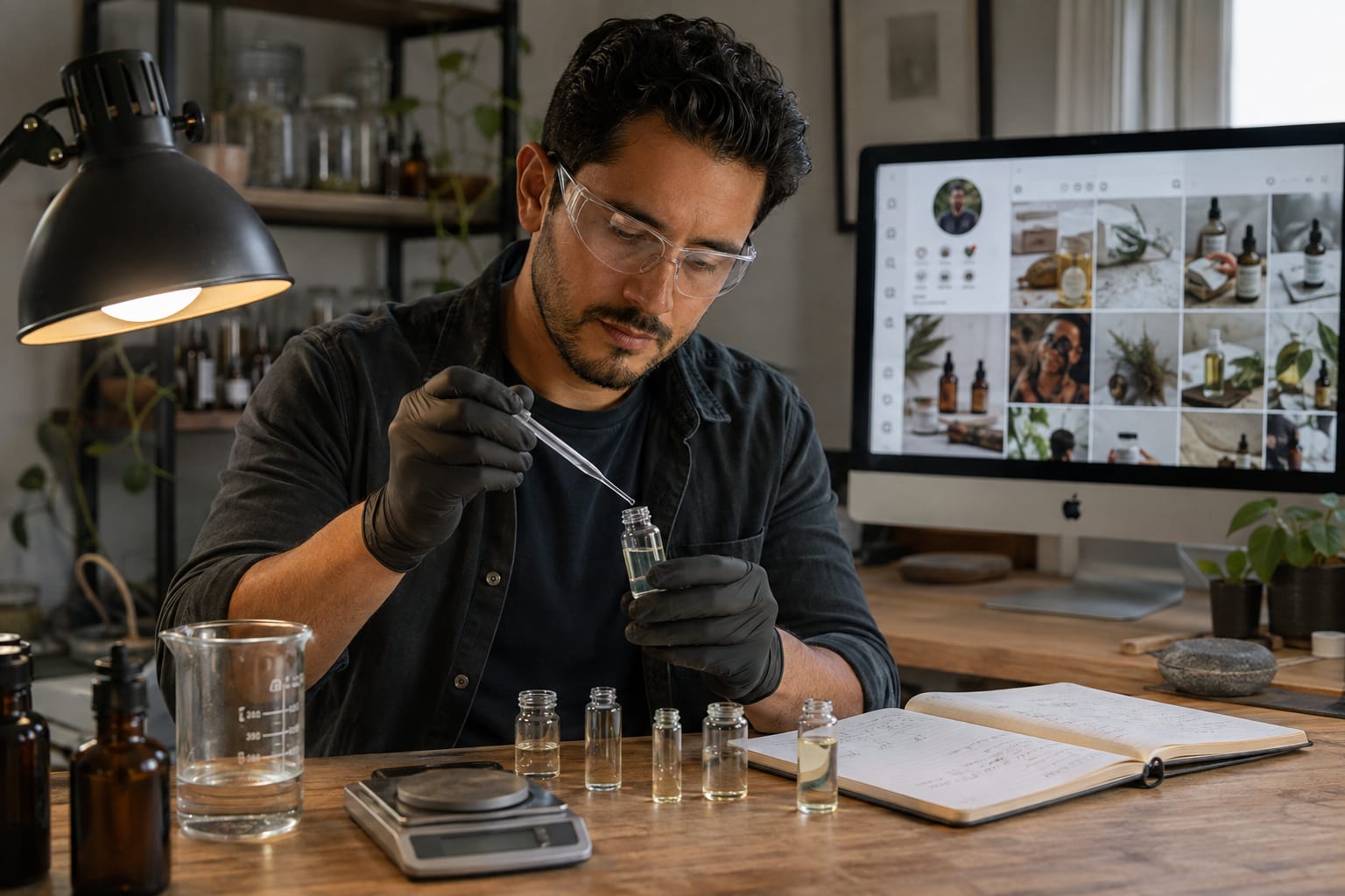 A founder develops a botanical formula at a laboratory bench