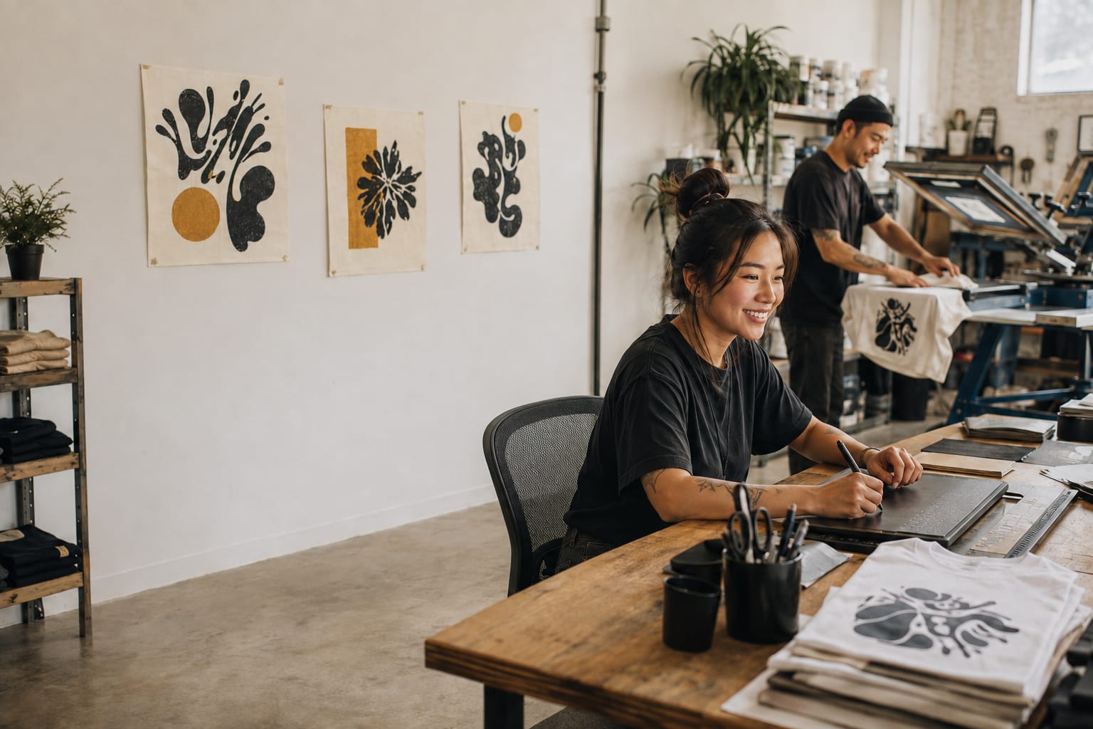 A T-shirt founder draws with a stylus on a tablet while a second founder screen-prints shirts in their studio