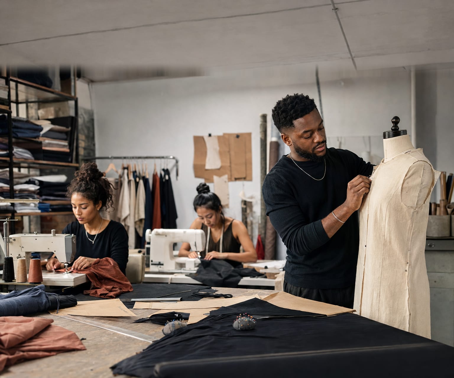 A clothing-line founder fits a garment on a mannequin while two team members sew at machines behind him